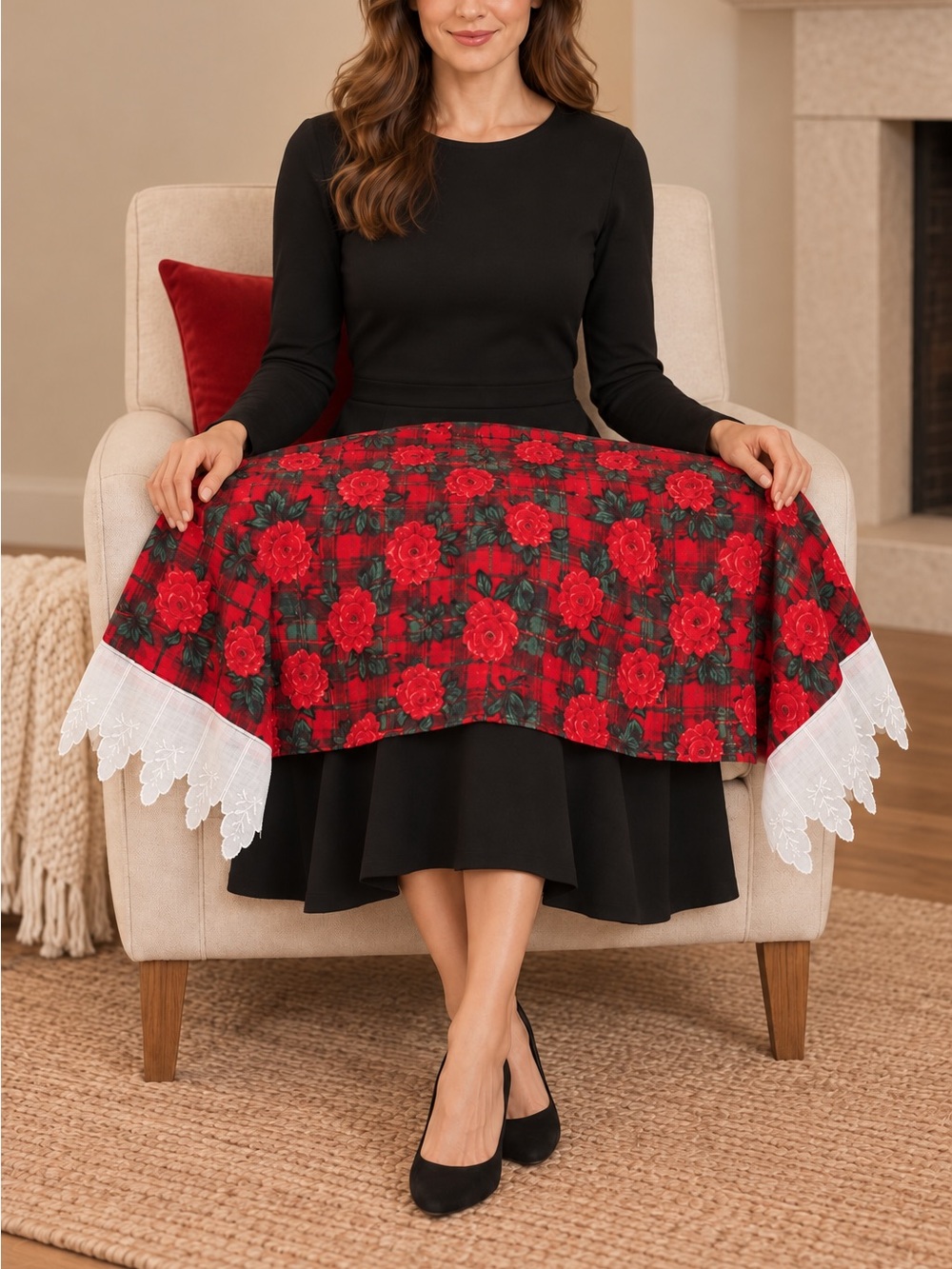 HANDMADE CHRISTMAS PLAID ROSE LACE SHOULDER & LAP WRAP